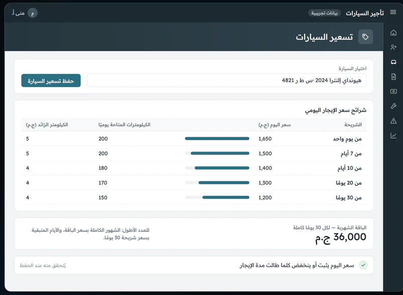 شاشة تسعير السيارات بخمس شرائح مدة وكيلومترات مشمولة