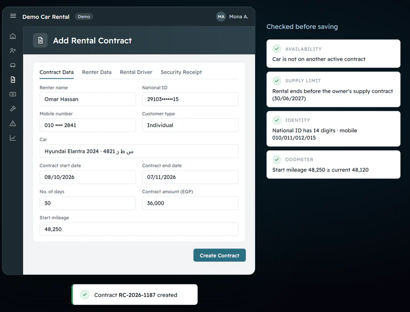 Rental contract form with four checks before saving